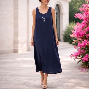 Erika Linen Blend Sleeveless Midi Dress with Embroidered & Bead Details